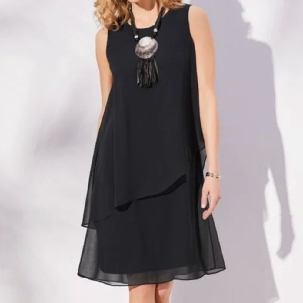 SOFT SURROUNDINGS Ocean Drive Dress Black Tiered Asymmetrical Knee ? Shift Dress